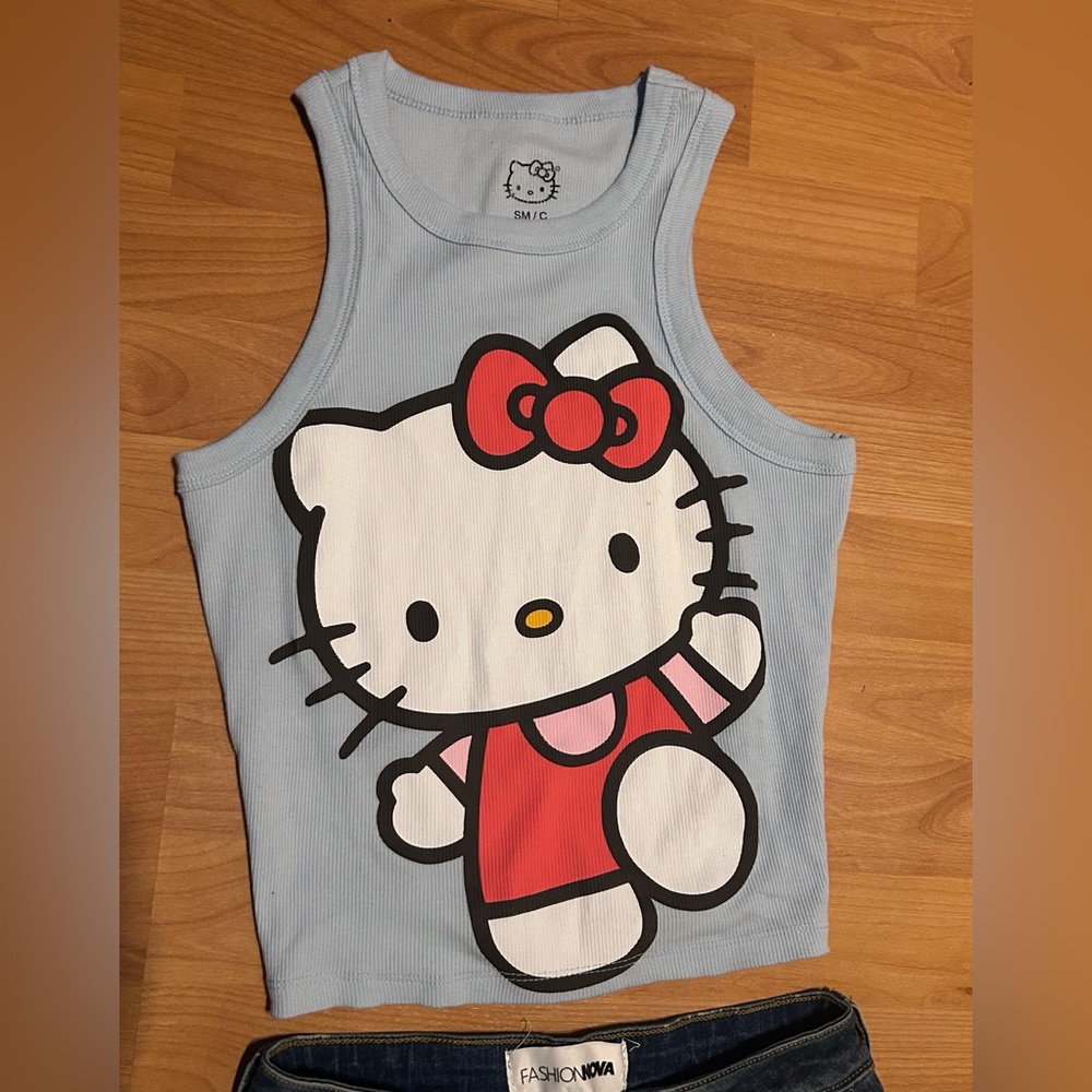Fashion Nova Dark Blue Boyfriend Jeans with Hello Kitty Crop Tank Top - Picture 5 of 6